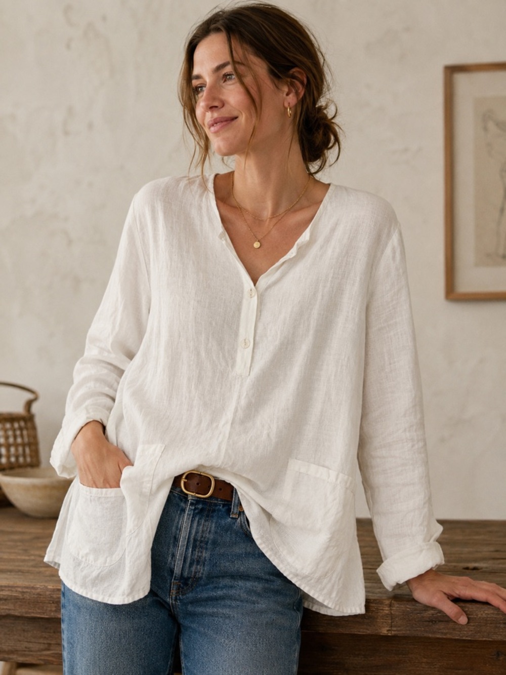FLAX White 100% Linen Tunic Top Medium Long Sleeve Lagenlook Pockets